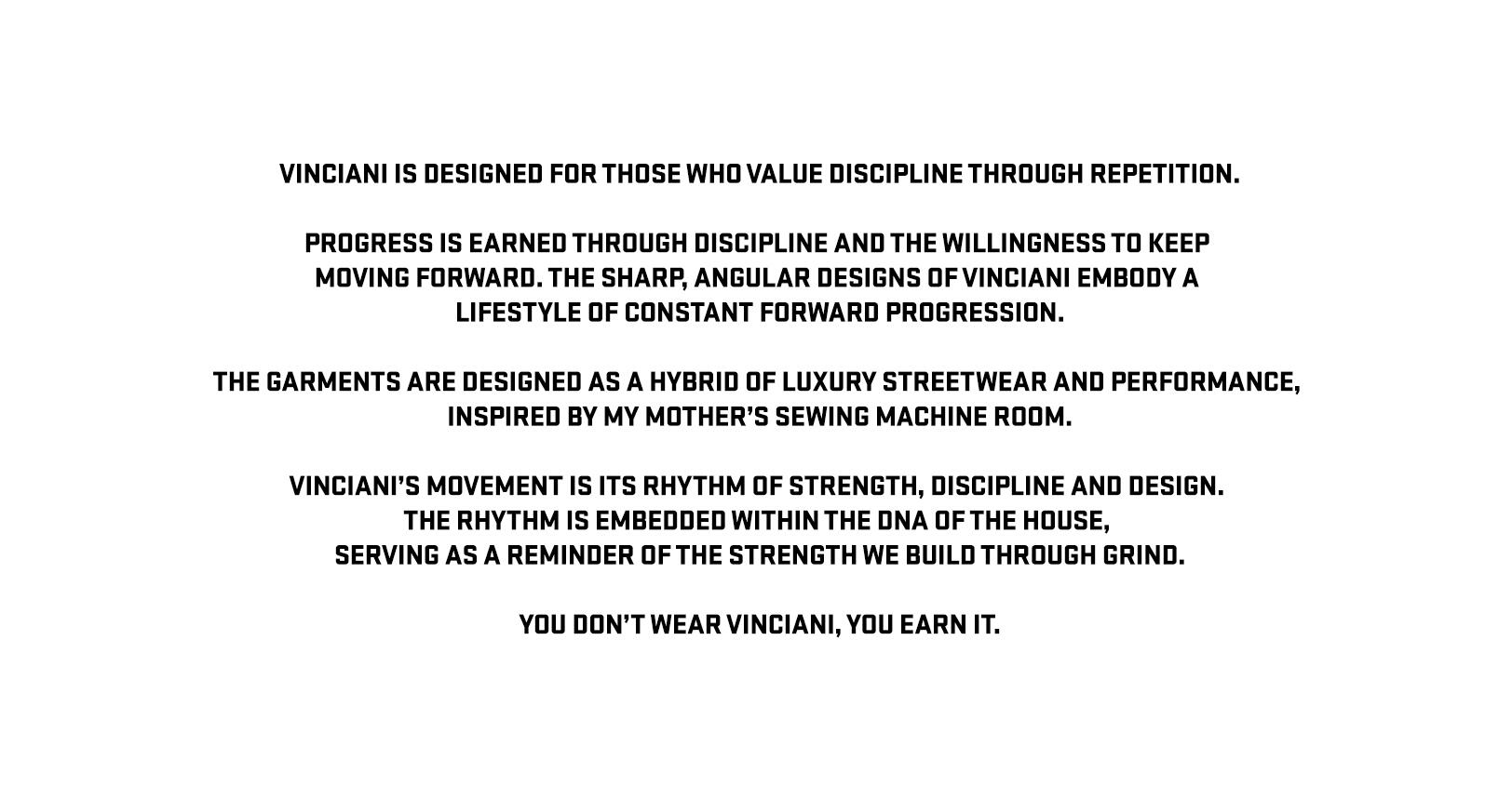 Official Vinciani visual identity guide featuring the V-Mark, Ascension Stripe and Discipline Stripe. The signature design language of the House of Strength, Discipline and Design.